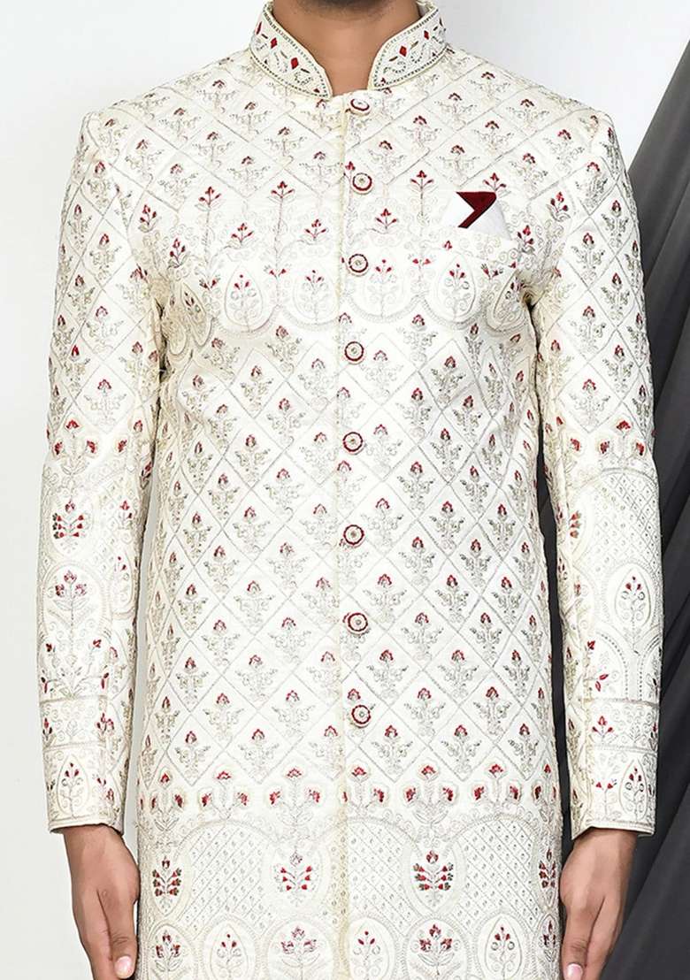 Cream Embroidered Mulbury Indo Western Sherwani Set For Men - Indya