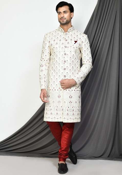 Cream Embroidered Mulbury Indo Western Sherwani Set For Men