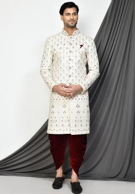 Cream Embroidered Mulbury Indo Western Sherwani Set For Men
