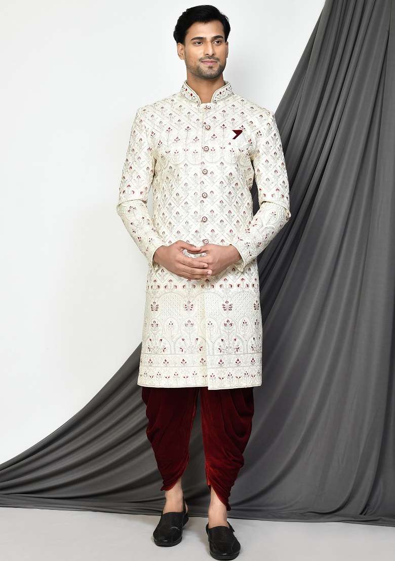 Cream Embroidered Mulbury Indo Western Sherwani Set For Men - Indya