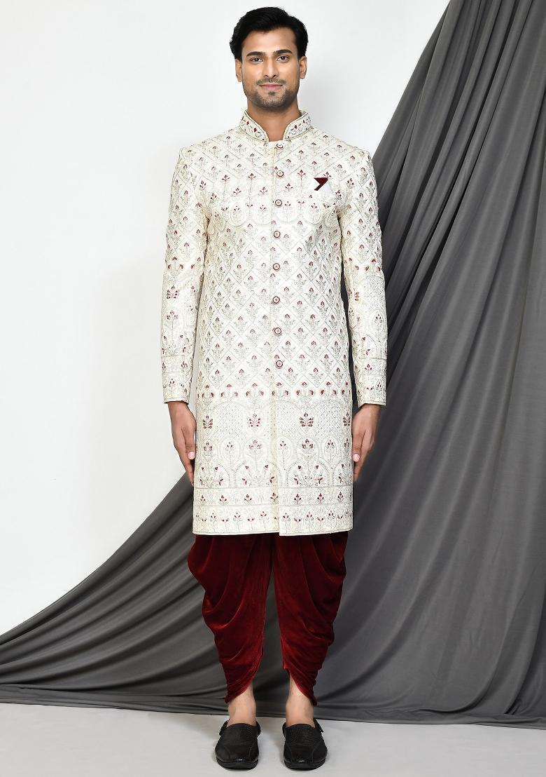 Cream Embroidered Mulbury Indo Western Sherwani Set For Men