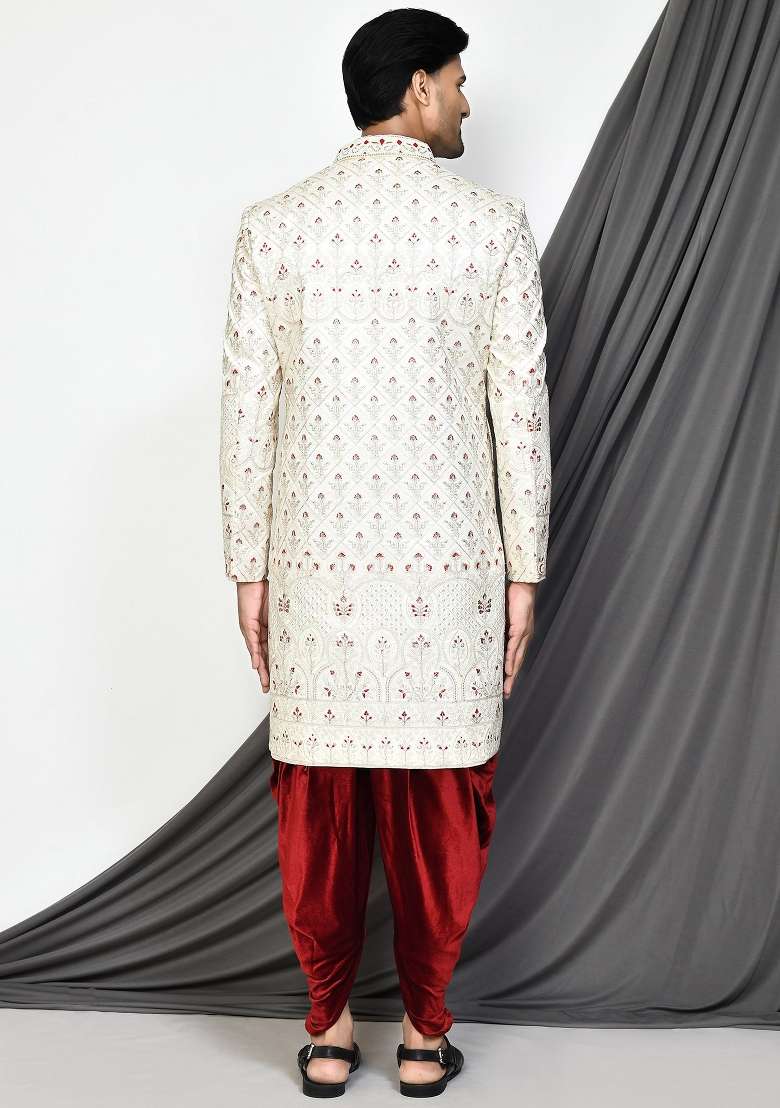 Cream Embroidered Mulbury Indo Western Sherwani Set For Men - Indya