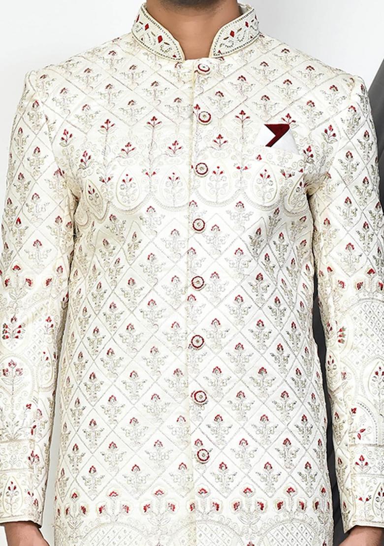 Cream Embroidered Mulbury Indo Western Sherwani Set For Men