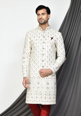 Cream Embroidered Mulbury Indo Western Sherwani For Men