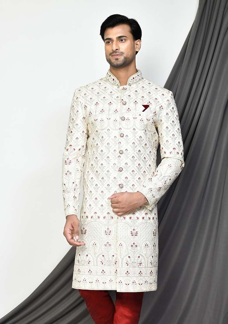 Cream Embroidered Mulbury Indo Western Sherwani For Men - Indya
