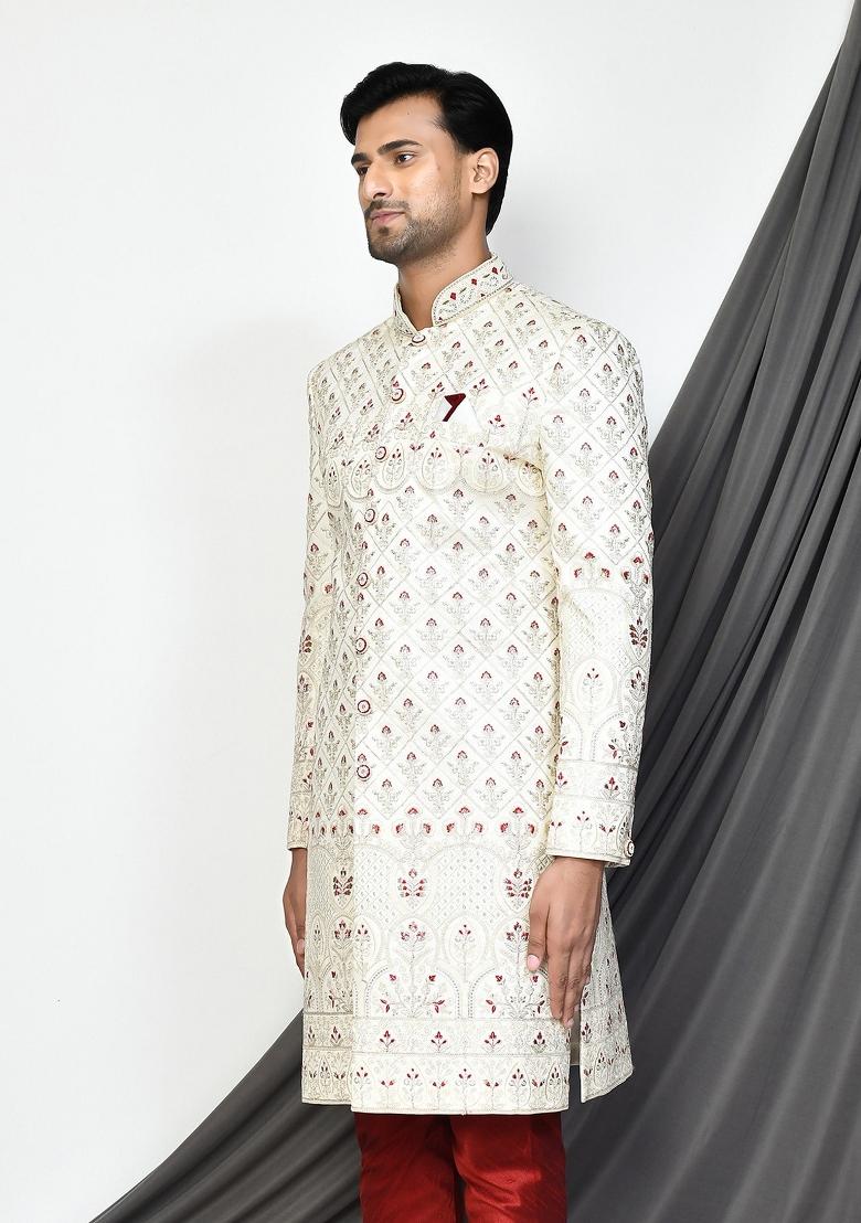 Cream Embroidered Mulbury Indo Western Sherwani For Men