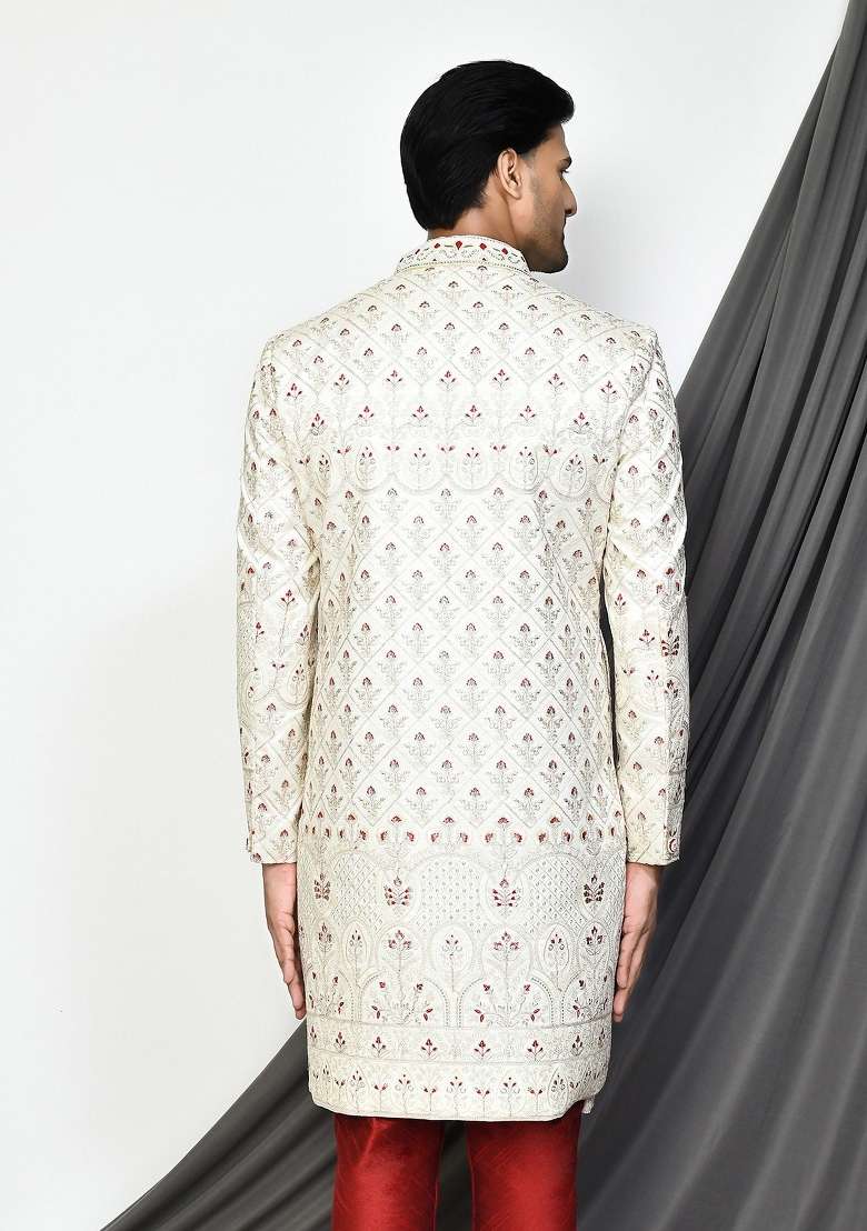 Cream Embroidered Mulbury Indo Western Sherwani For Men - Indya