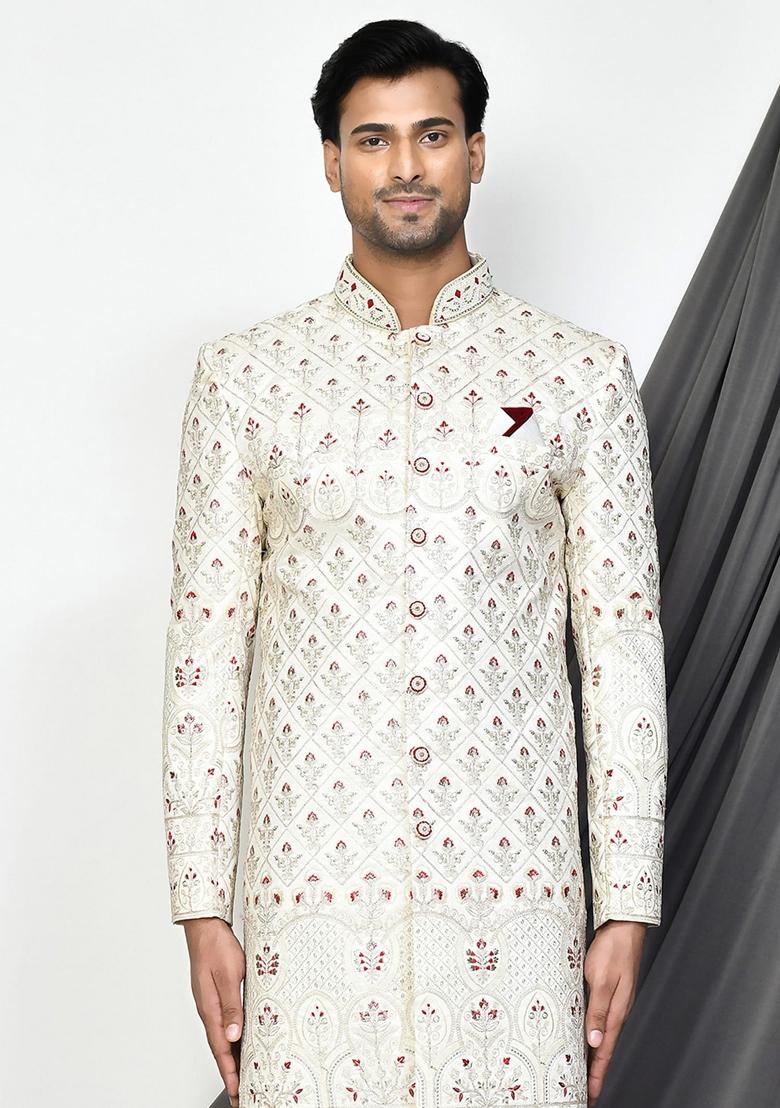 Cream Embroidered Mulbury Indo Western Sherwani For Men