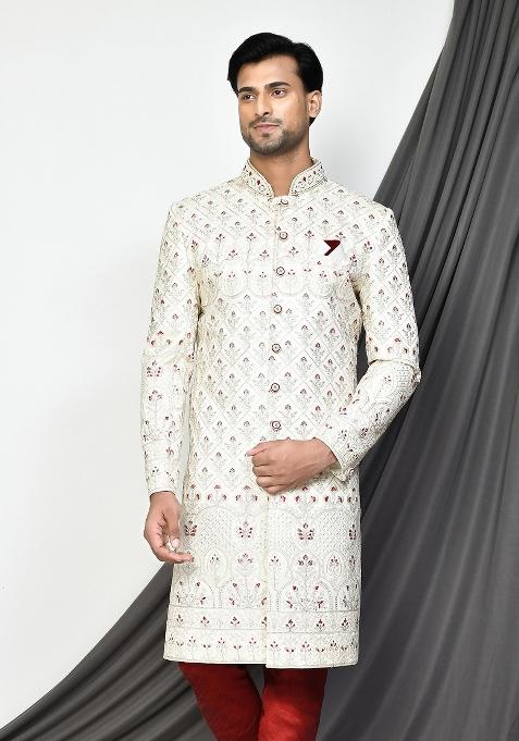 Cream Embroidered Mulbury Indo Western Sherwani For Men — view on Indya