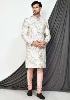 Cream Embroidered Mulbury Indo Western Sherwani Set For Men