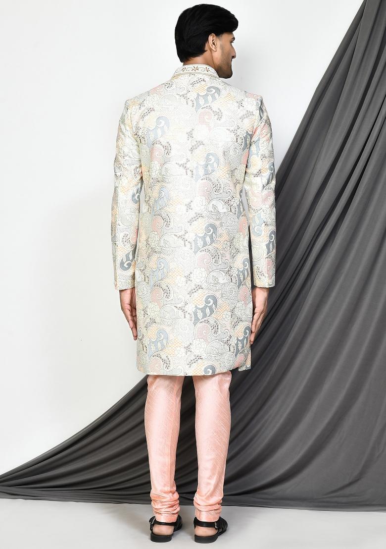 Cream Embroidered Mulbury Indo Western Sherwani Set For Men