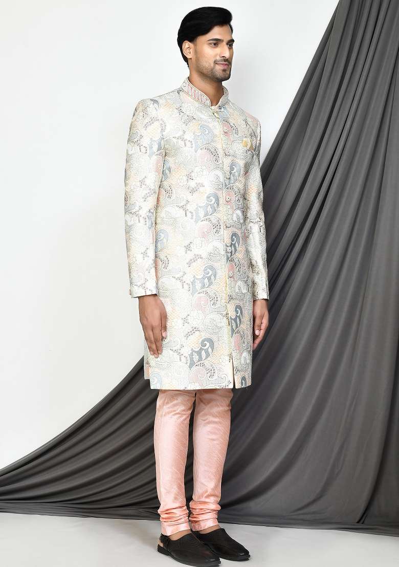 Cream Embroidered Mulbury Indo Western Sherwani Set For Men - Indya