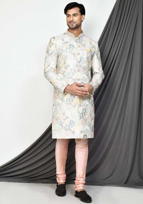 Cream Embroidered Mulbury Indo Western Sherwani Set For Men