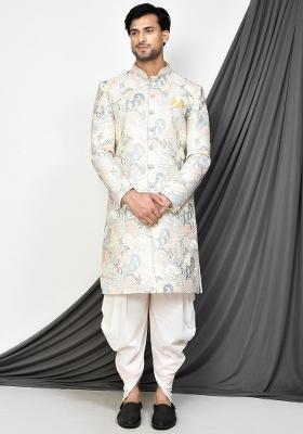Cream Embroidered Mulbury Indo Western Sherwani Set For Men