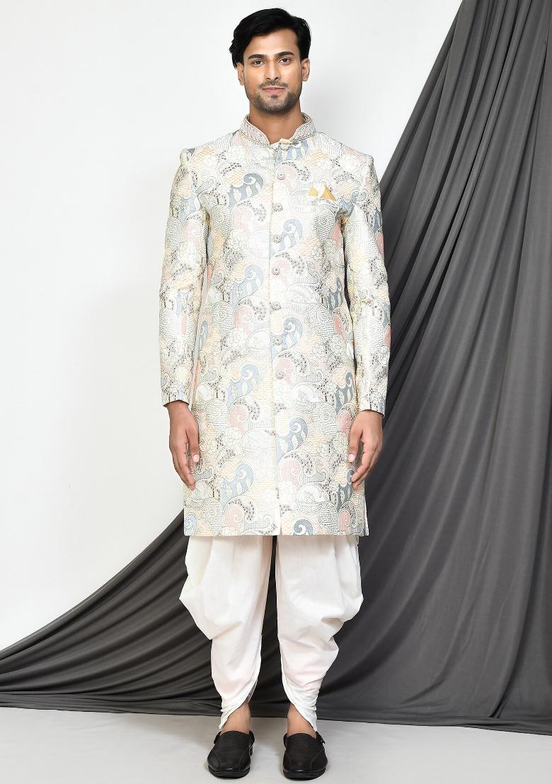 Cream Embroidered Mulbury Indo Western Sherwani Set For Men