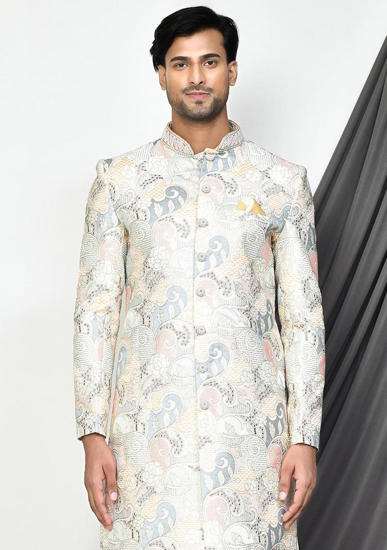 Cream Embroidered Mulbury Indo Western Sherwani Set For Men