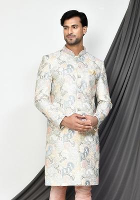Cream Embroidered Mulbury Indo Western Sherwani For Men