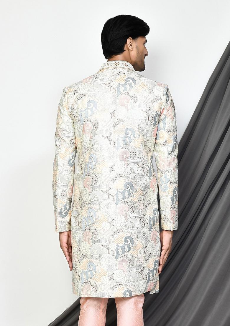 Cream Embroidered Mulbury Indo Western Sherwani For Men