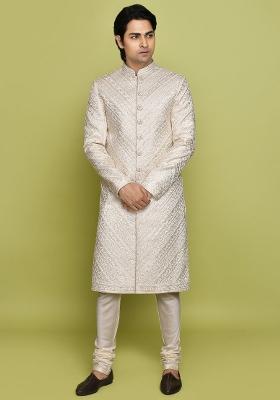 Ivory Embroidered Mulbury Indo Western Sherwani Set For Men