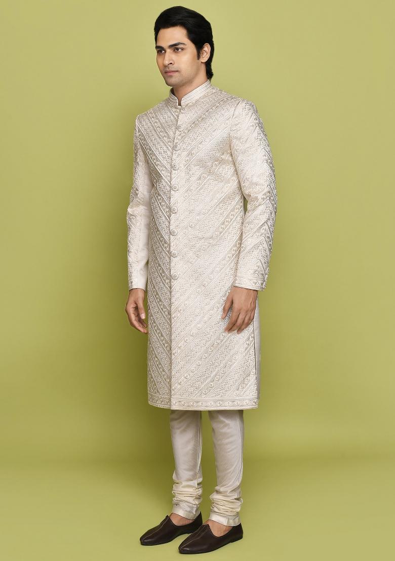 Ivory Embroidered Mulbury Indo Western Sherwani Set For Men