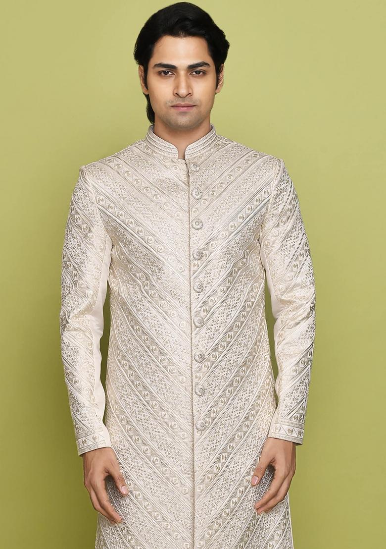 Ivory Embroidered Mulbury Indo Western Sherwani Set For Men