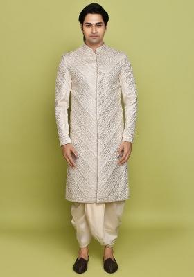 Ivory Embroidered Mulbury Indo Western Sherwani Set For Men
