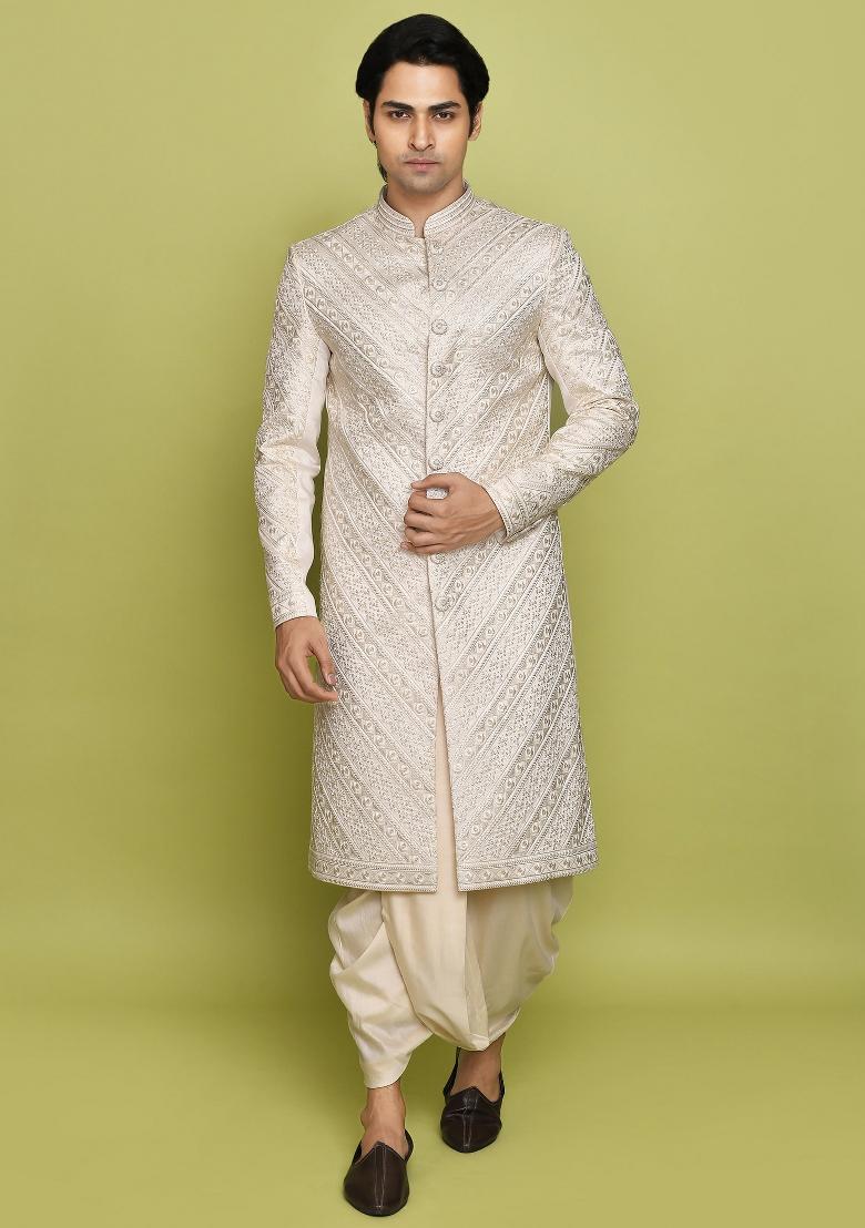 Ivory Embroidered Mulbury Indo Western Sherwani Set For Men