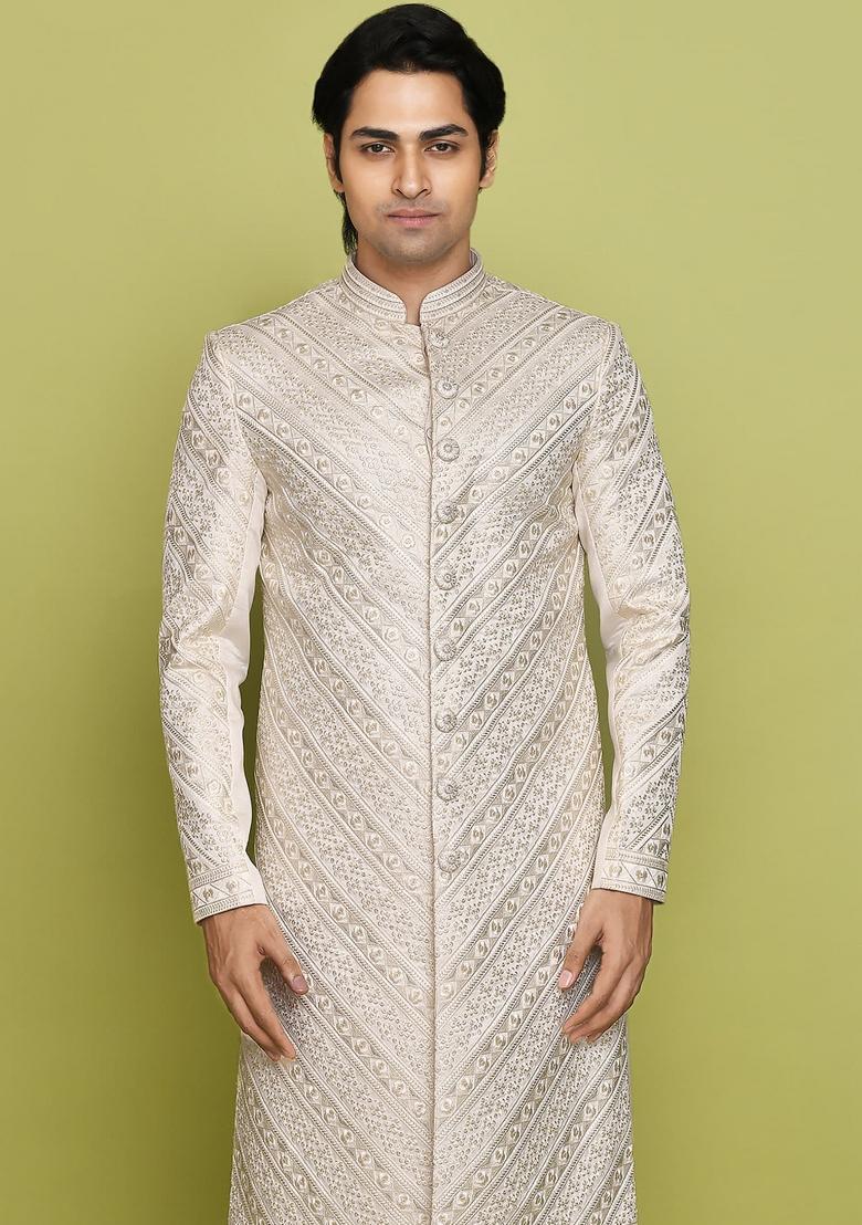 Ivory Embroidered Mulbury Indo Western Sherwani Set For Men