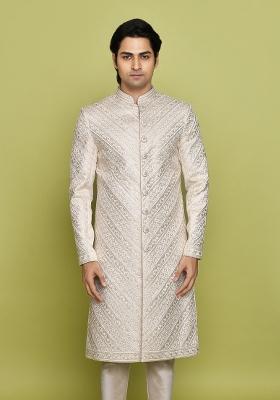 Ivory Embroidered Mulbury Indo Western Sherwani For Men