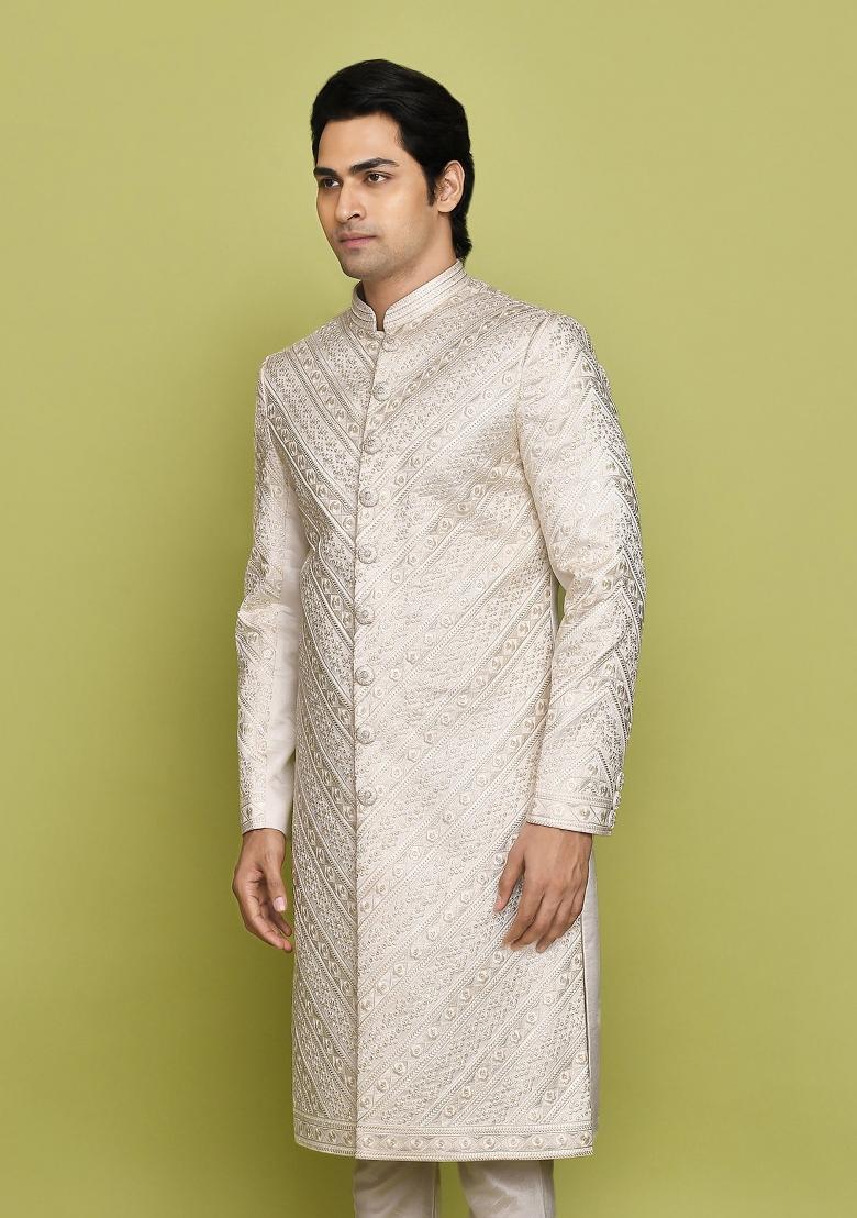 Ivory Embroidered Mulbury Indo Western Sherwani For Men