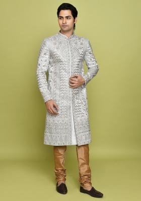 Teal Grey Embroidered Royal Satin Indo Western Sherwani Set For Men