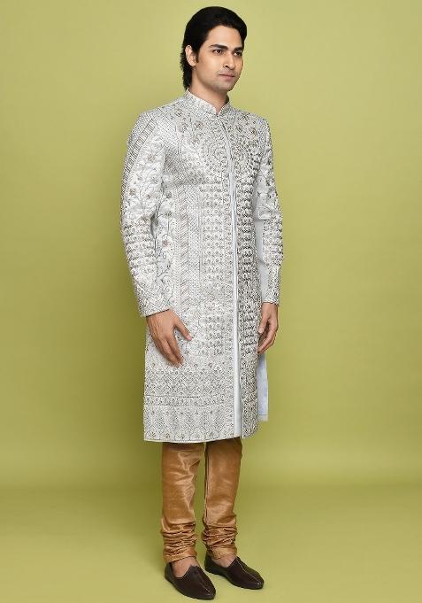 Teal Grey Embroidered Royal Satin Indo Western Sherwani Set For Men