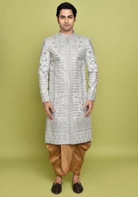 Teal Grey Embroidered Royal Satin Indo Western Sherwani Set For Men