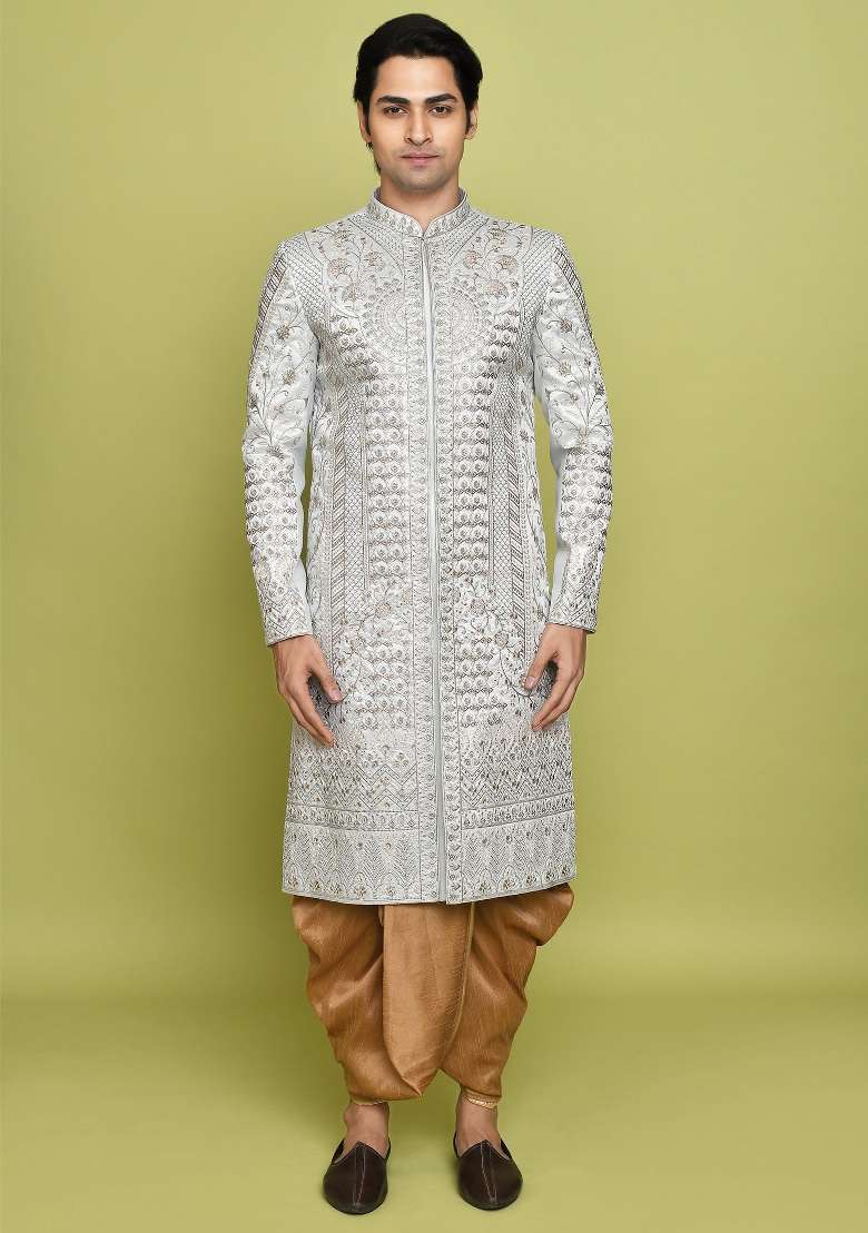 Teal Grey Embroidered Royal Satin Indo Western Sherwani Set For Men - Indya
