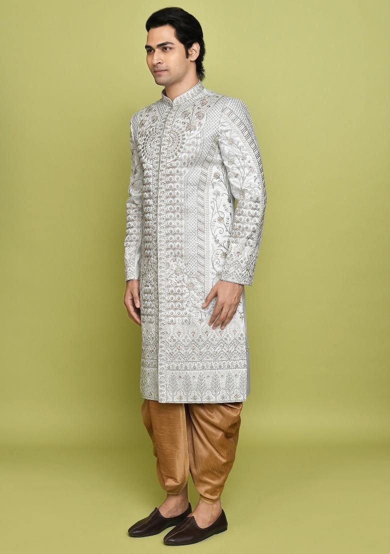 Teal Grey Embroidered Royal Satin Indo Western Sherwani Set For Men