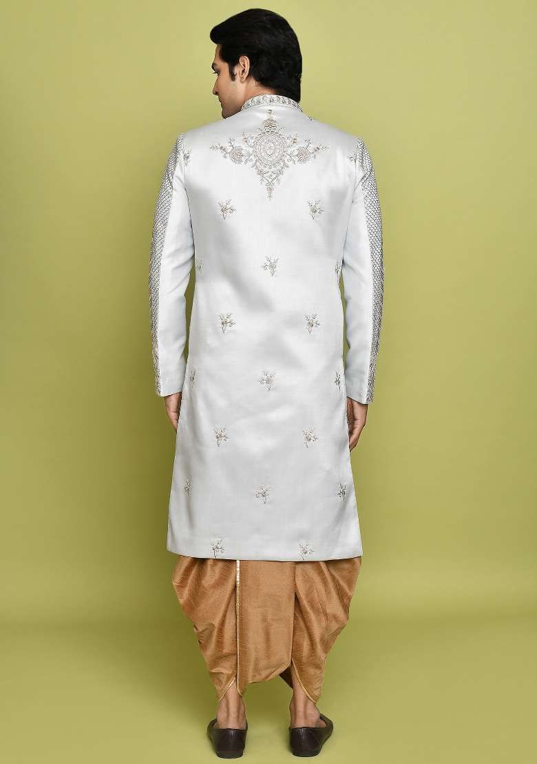 Teal Grey Embroidered Royal Satin Indo Western Sherwani Set For Men - Indya