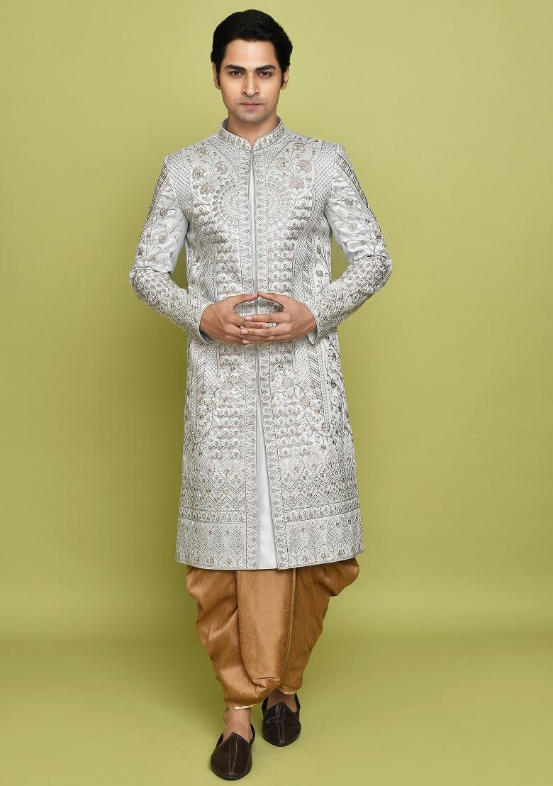 Teal Grey Embroidered Royal Satin Indo Western Sherwani Set For Men