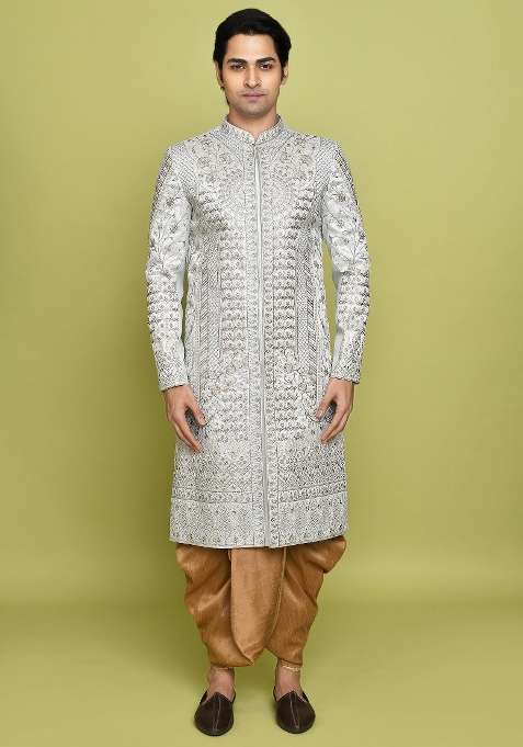Teal Grey Embroidered Royal Satin Indo Western Sherwani Set For Men