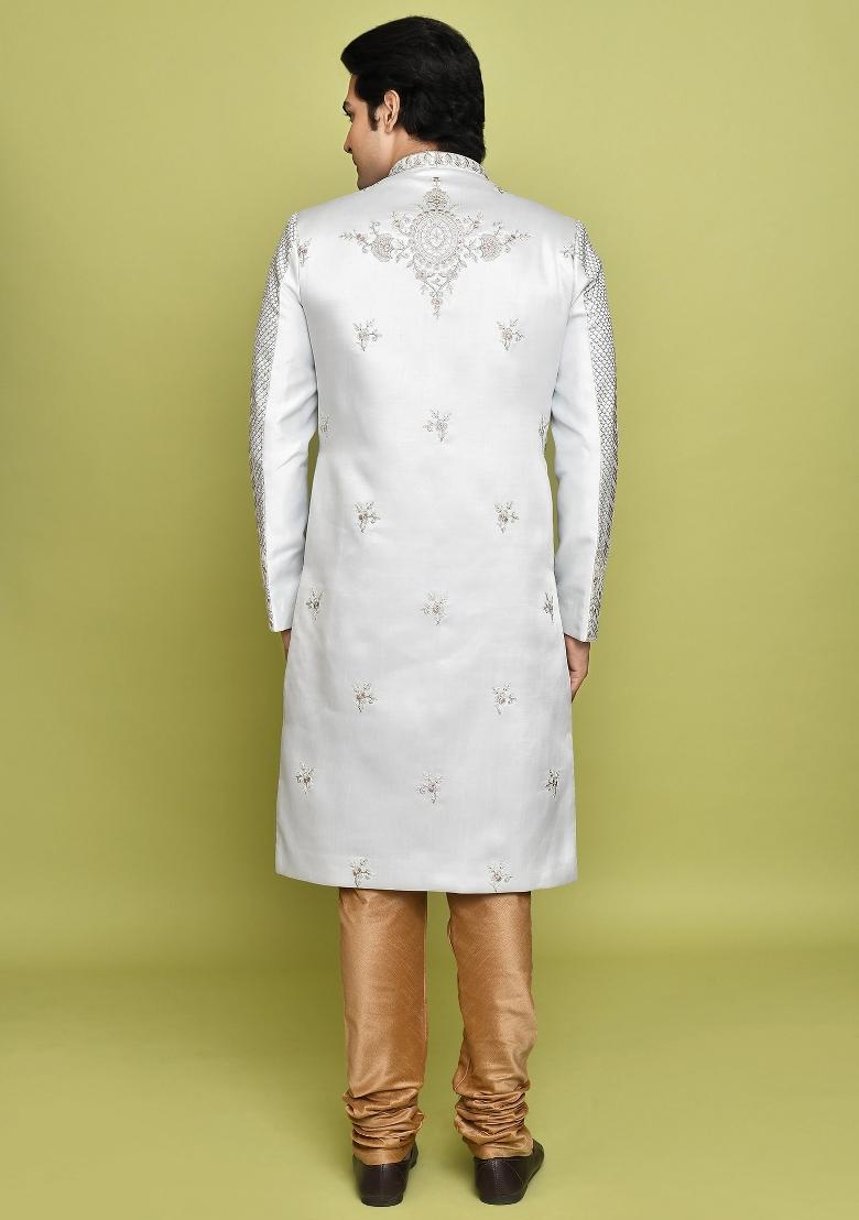 Teal Grey Embroidered Royal Satin Indo Western Sherwani For Men