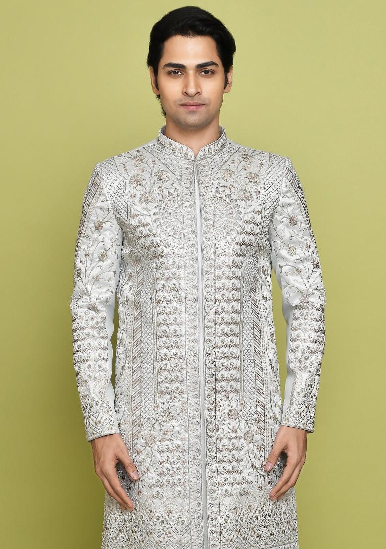 Teal Grey Embroidered Royal Satin Indo Western Sherwani For Men