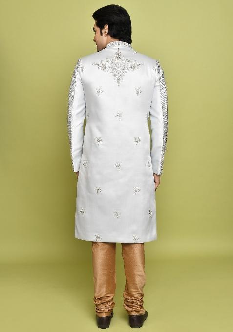 Teal Grey Embroidered Royal Satin Indo Western Sherwani For Men