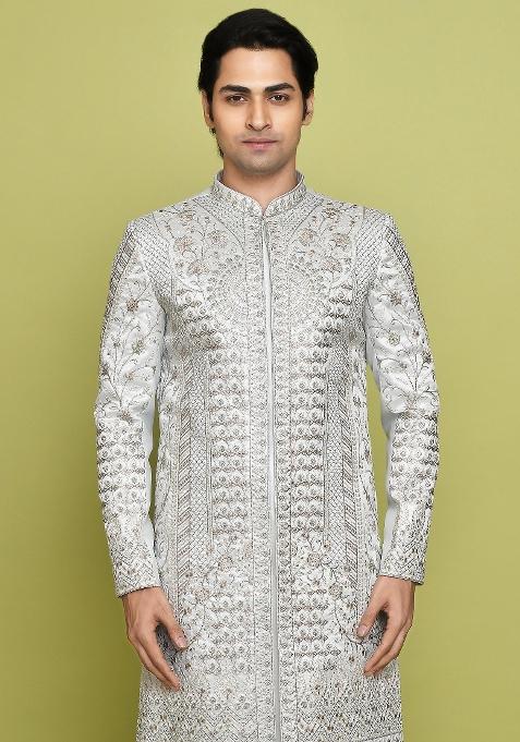 Teal Grey Embroidered Royal Satin Indo Western Sherwani For Men