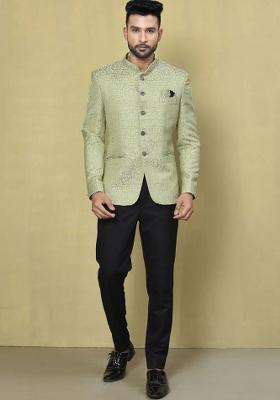 Olive Green Embroidered Jacquard Bandhgala For Men