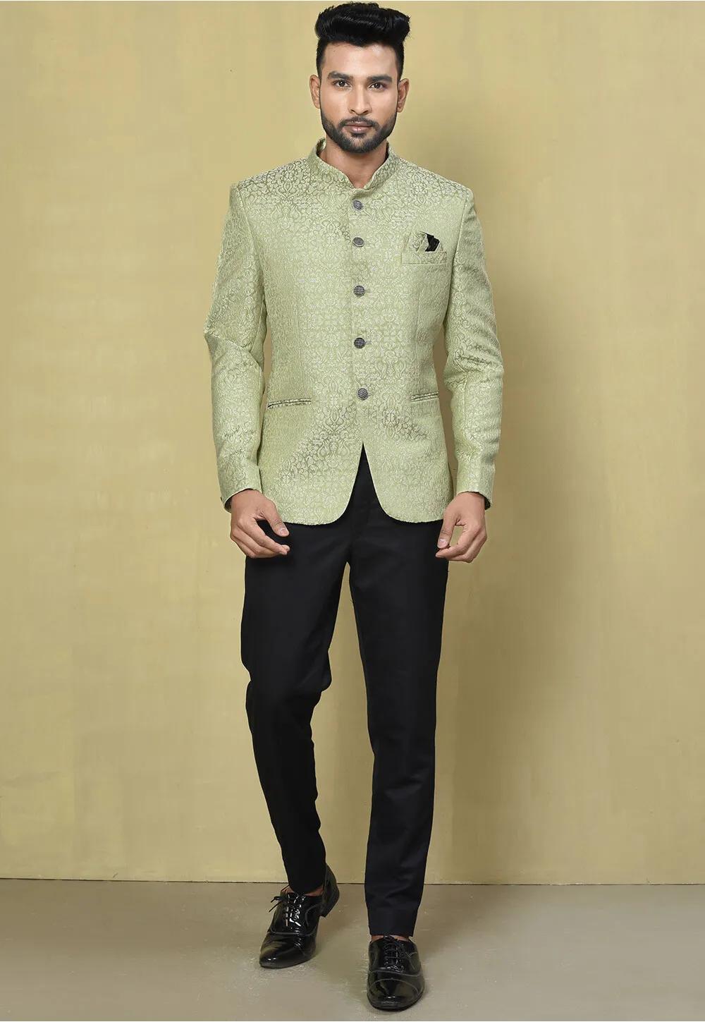 Olive Green Embroidered Jacquard Bandhgala For Men