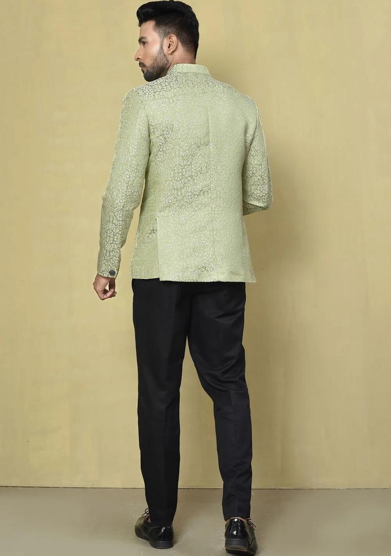 Olive Green Embroidered Jacquard Bandhgala For Men