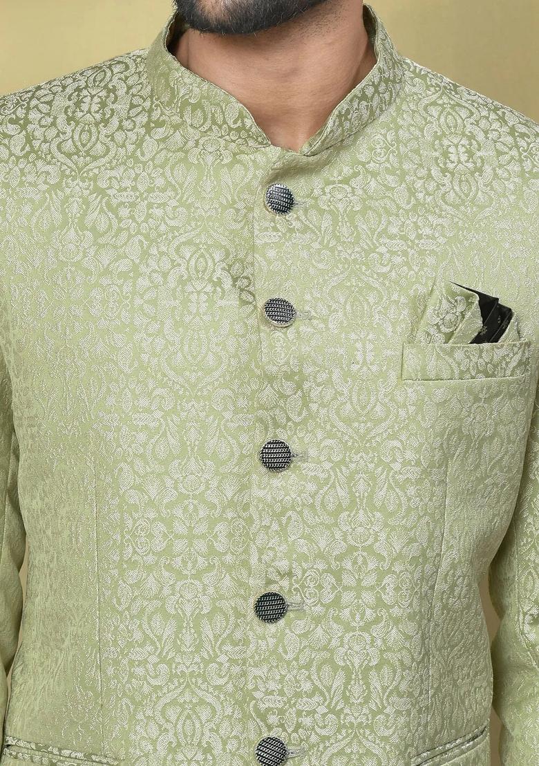 Olive Green Embroidered Jacquard Bandhgala For Men