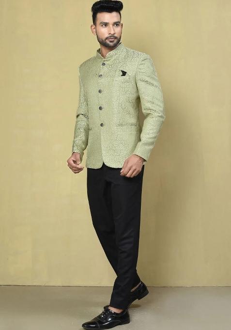 Olive Green Embroidered Jacquard Bandhgala For Men