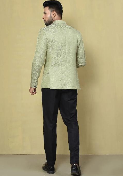 Olive Green Embroidered Jacquard Bandhgala For Men