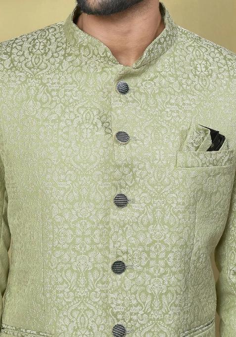Olive Green Embroidered Jacquard Bandhgala For Men