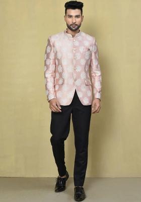 Rose Gold Embroidered Jacquard Bandhgala For Men